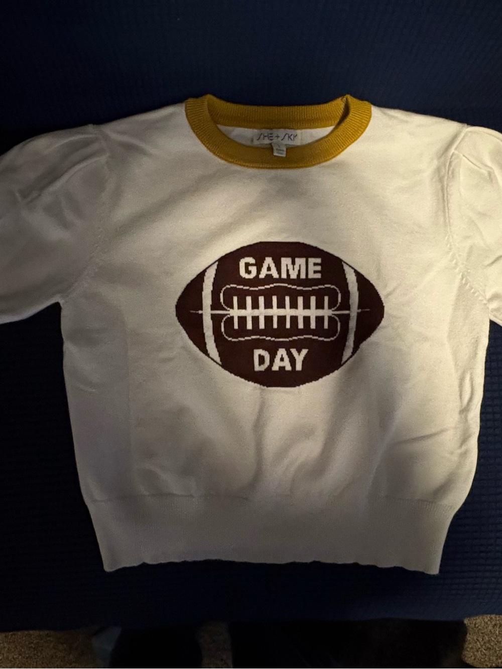 She + Sky White Sweater with Brown Football Graphic & Mustard Neck